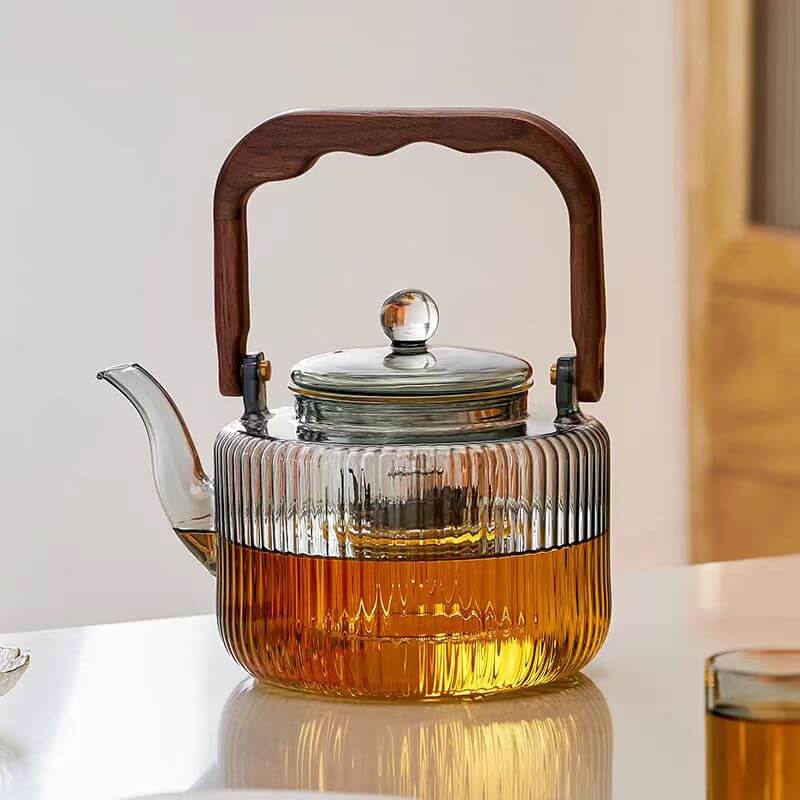 Grey Glass Tea Maker For Stove With Wooden Handle