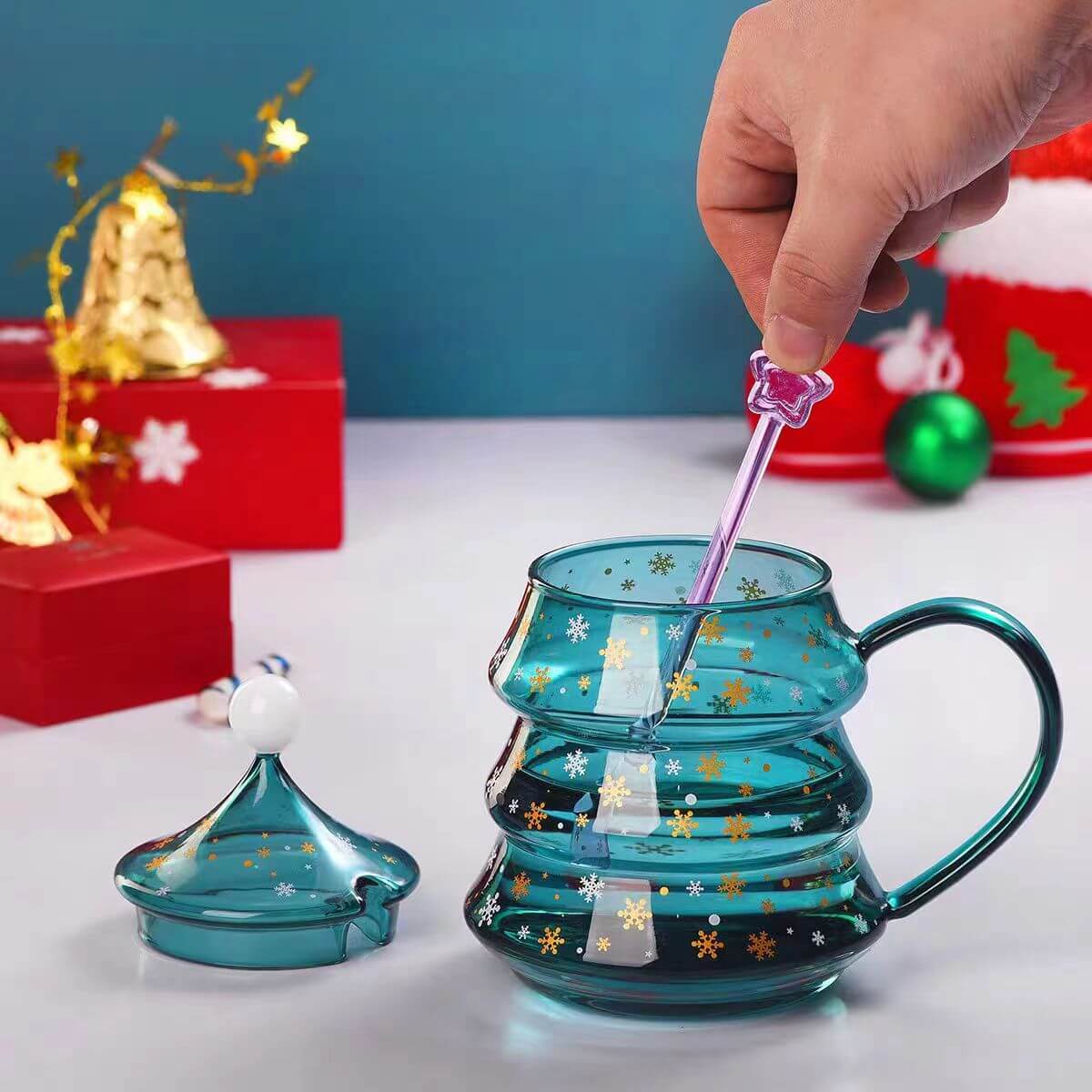 Christmas Style Colored Glass Iced Coffee Drinking Mug With Spoon