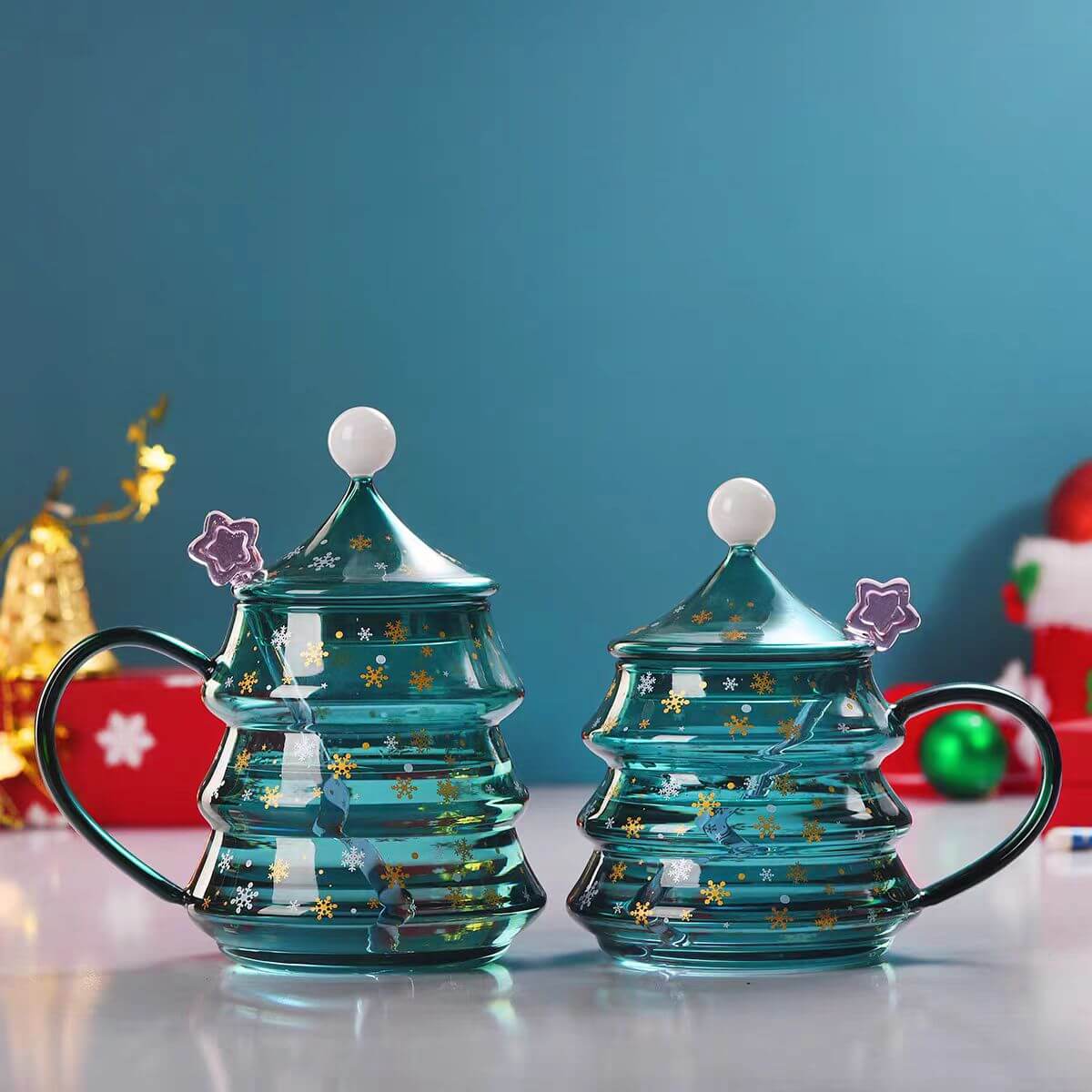 Christmas Style Colored Glass Iced Coffee Drinking Mug With Spoon