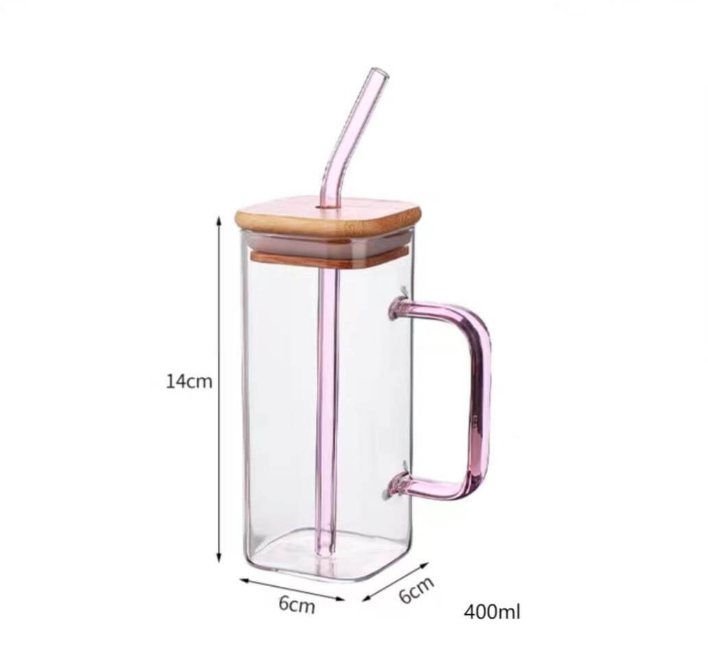 Cute Square Glass Juice Coffee Drinking Cups With Straw Anh Handle