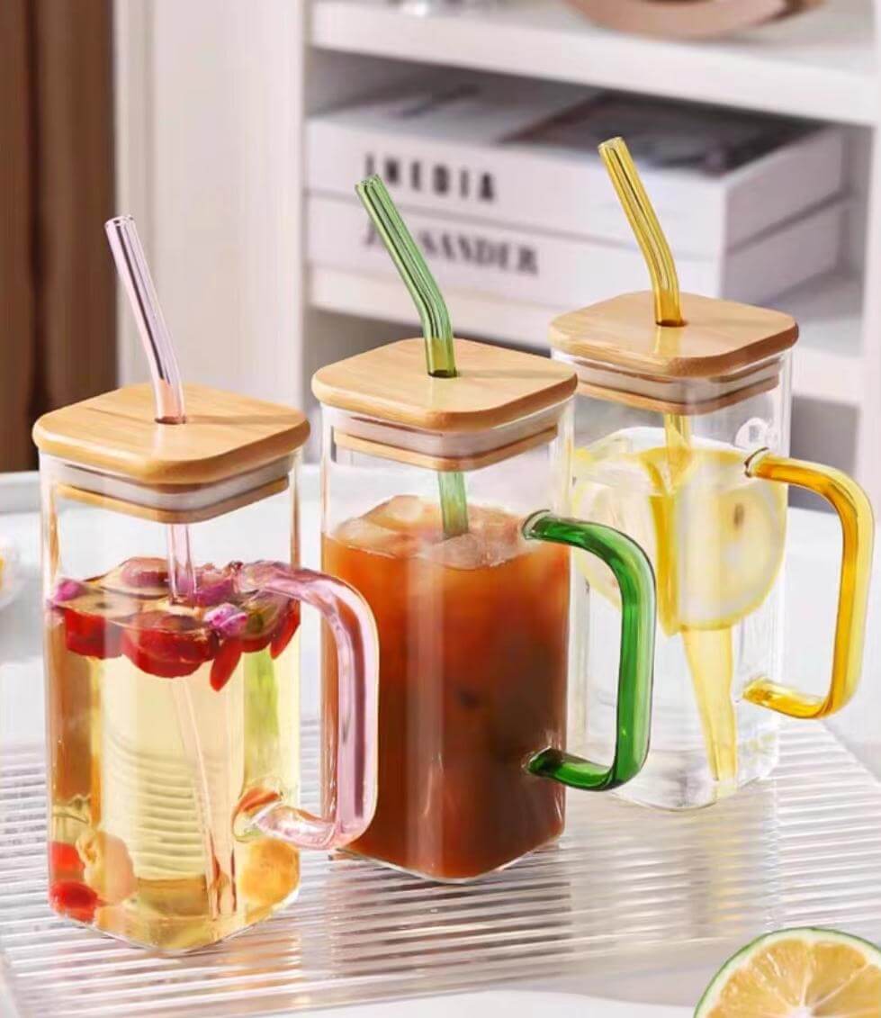 Cute Square Glass Juice Coffee Drinking Cups With Straw Anh Handle