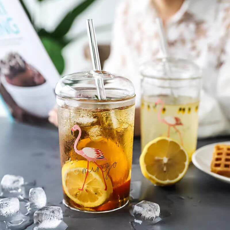 Clear Glass Iced Coffee Beverage Drinking Tumbler With Lid And Straw