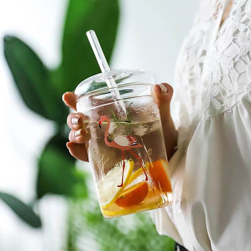 Clear Glass Iced Coffee Beverage Drinking Tumbler With Lid And Straw