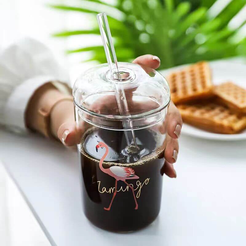 Clear Glass Iced Coffee Beverage Drinking Tumbler With Lid And Straw