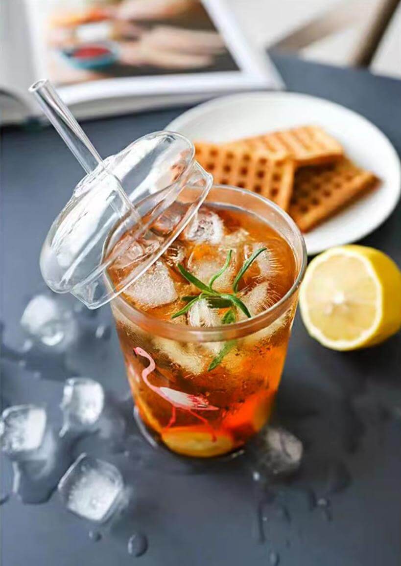 Clear Glass Iced Coffee Beverage Drinking Tumbler With Lid And Straw