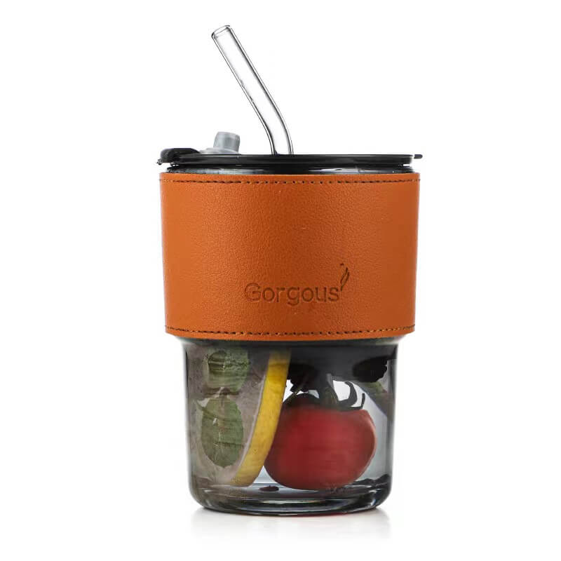 Colored Glass Reusable Travel Take Away Outdoor Drinking Glass Mugs With Lid And Sleeve