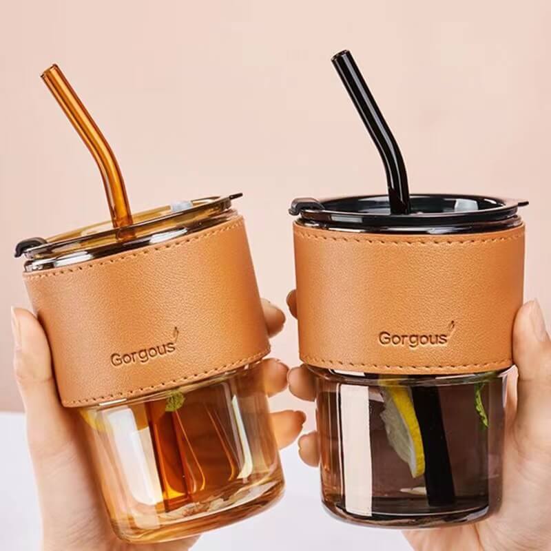 Colored Glass Reusable Travel Take Away Outdoor Drinking Glass Mugs With Lid And Sleeve