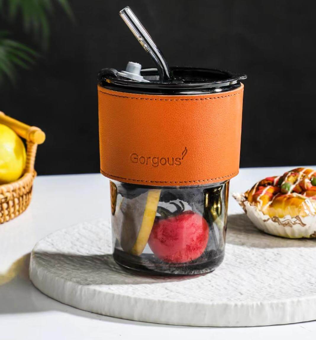 Colored Glass Reusable Travel Take Away Outdoor Drinking Glass Mugs With Lid And Sleeve