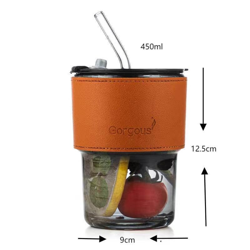 Colored Glass Reusable Travel Take Away Outdoor Drinking Glass Mugs With Lid And Sleeve