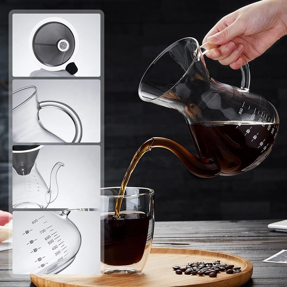 Pour Over Coffee Maker with Permanent Stainless Filter 8 Cup, Heat-Resistant Borosilicate Glass Coffee Dripper Brewer