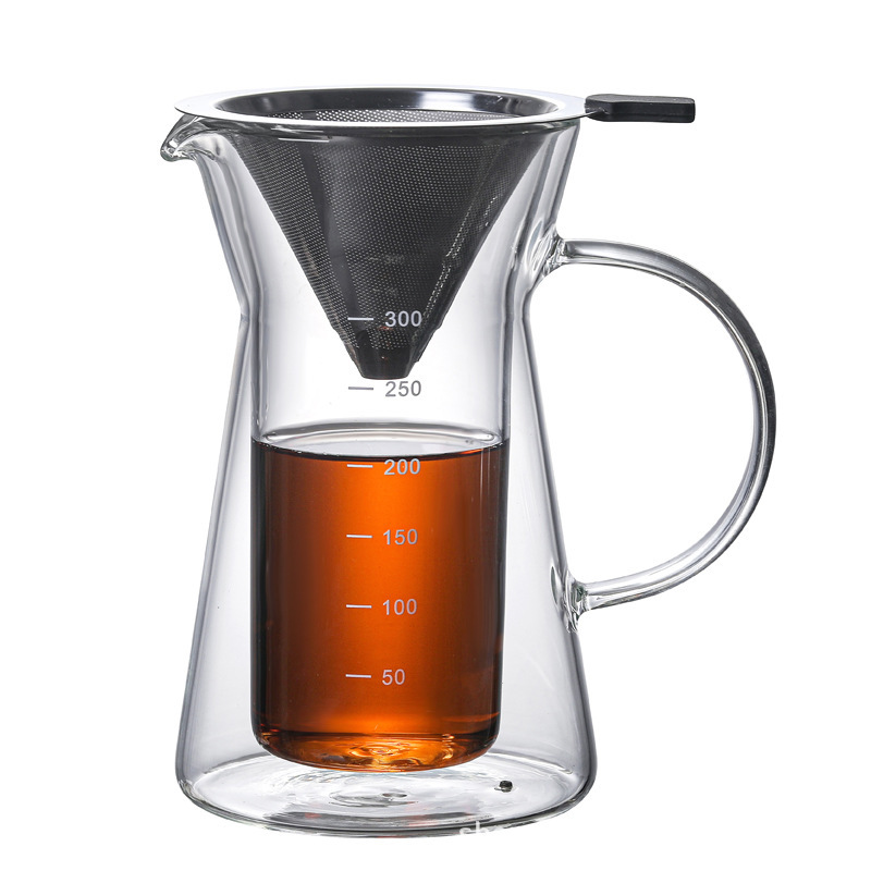 300ml Double wall glass coffee pot hand coffee pot teapot with stainless steel strainer