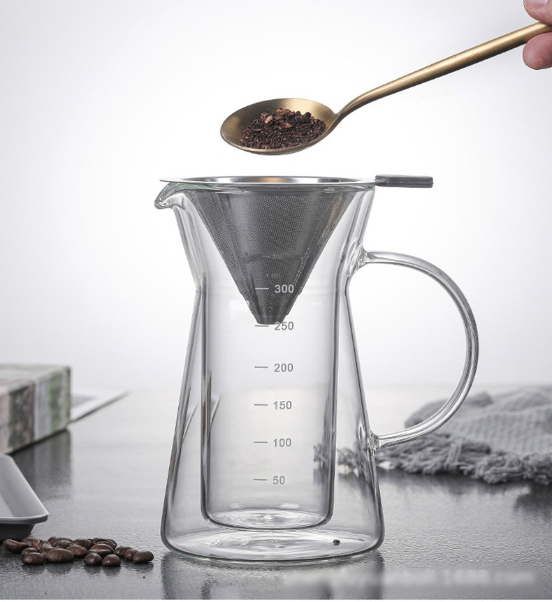 300ml Double wall glass coffee pot hand coffee pot teapot with stainless steel strainer
