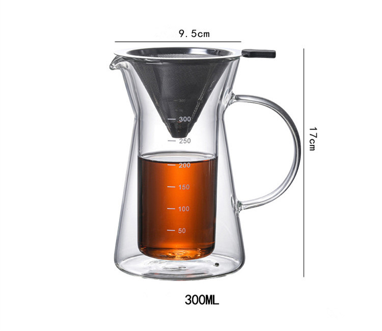 300ml Double wall glass coffee pot hand coffee pot teapot with stainless steel strainer