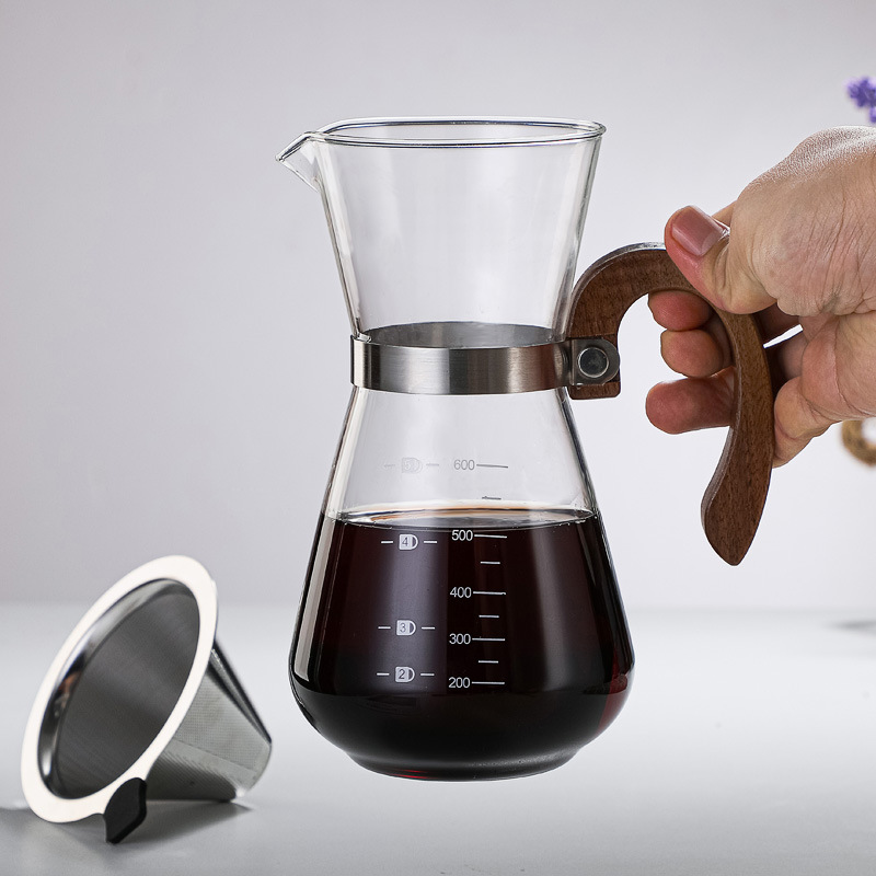 New Design Hand Coffee Dripper Brewer Pot Glass Coffee Carafe Wooden Handle Pour Over Coffee Maker