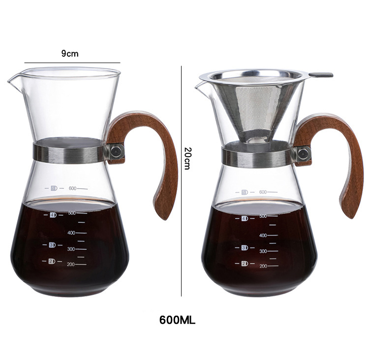 New Design Hand Coffee Dripper Brewer Pot Glass Coffee Carafe Wooden Handle Pour Over Coffee Maker