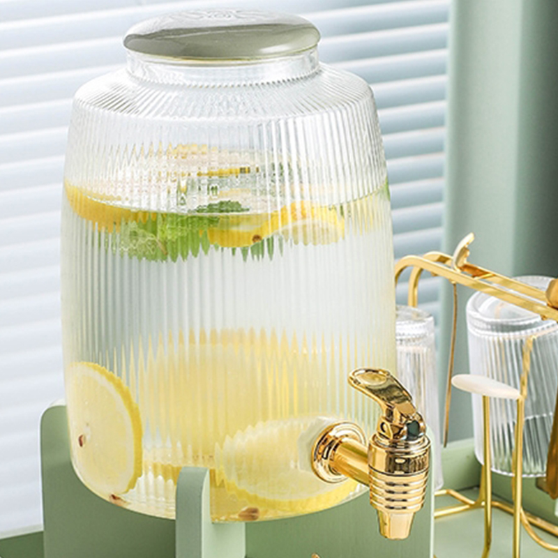 Hot Sale Handmade Borosilicate Glass Drink Dispenser Set with Cooper Spigots and Wooden Tap Cups Sets