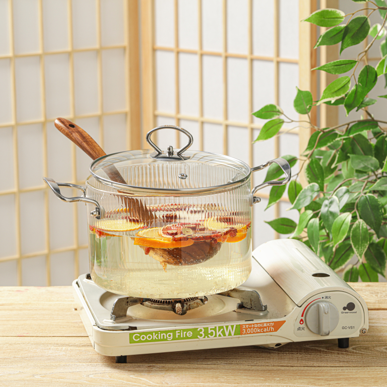 Transparent Double-ear Kitchen Heat-resistant Large Capacity Borosilicate Glass Cooking Pot Soup Pot with Stainless Steel Handle