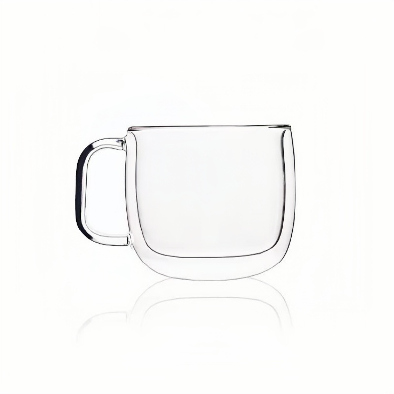 Double-layered latte coffee cup with handle and wooden stand