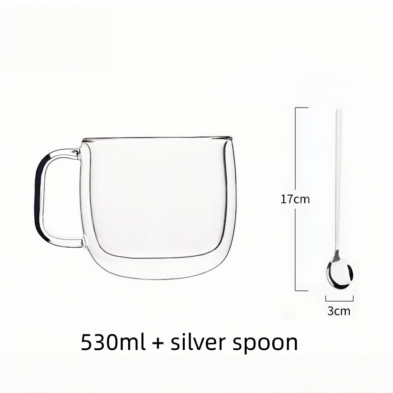 Double-layered latte coffee cup with handle and wooden stand