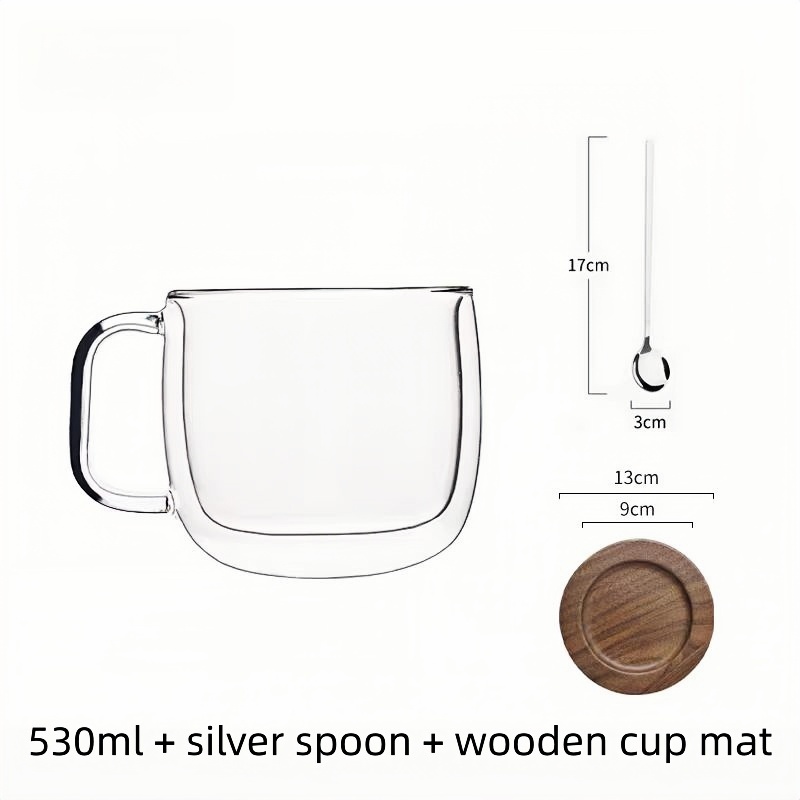Double-layered latte coffee cup with handle and wooden stand