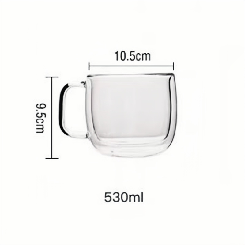 Double-layered latte coffee cup with handle and wooden stand