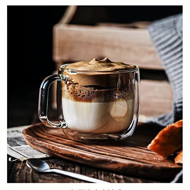 Double-layered latte coffee cup with handle and wooden stand
