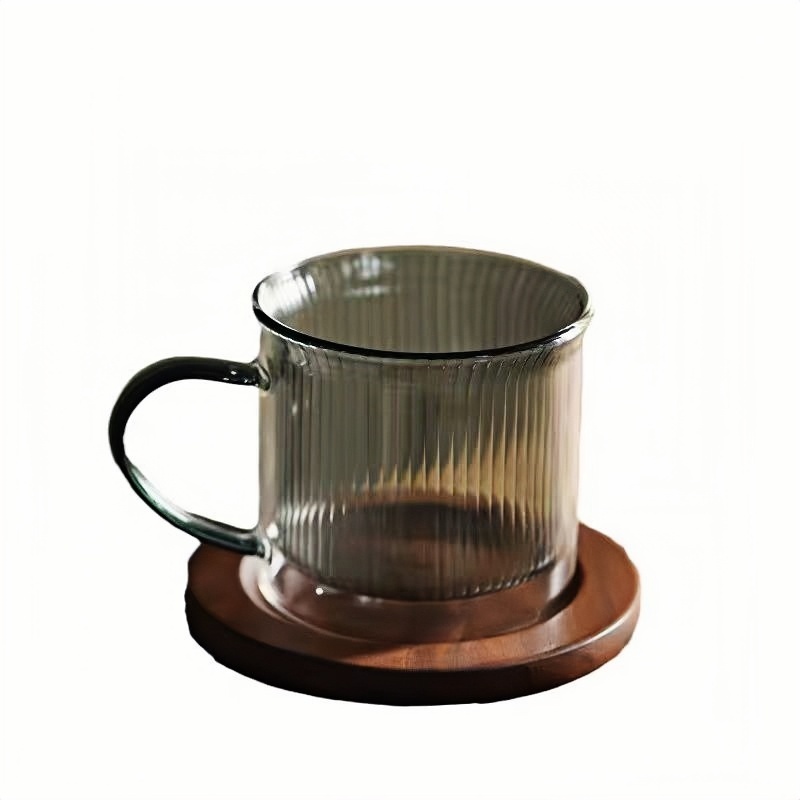 Fashionable Grey drinking coffee latte glass with wooden stand Fashionable Grey drinking coffee latte glass with wooden stand