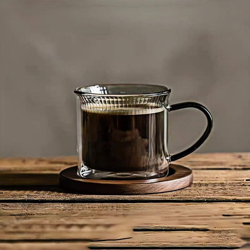 Fashionable Grey drinking coffee latte glass with wooden stand