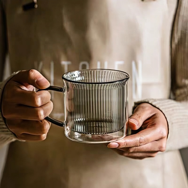 Fashionable Grey drinking coffee latte glass with wooden stand