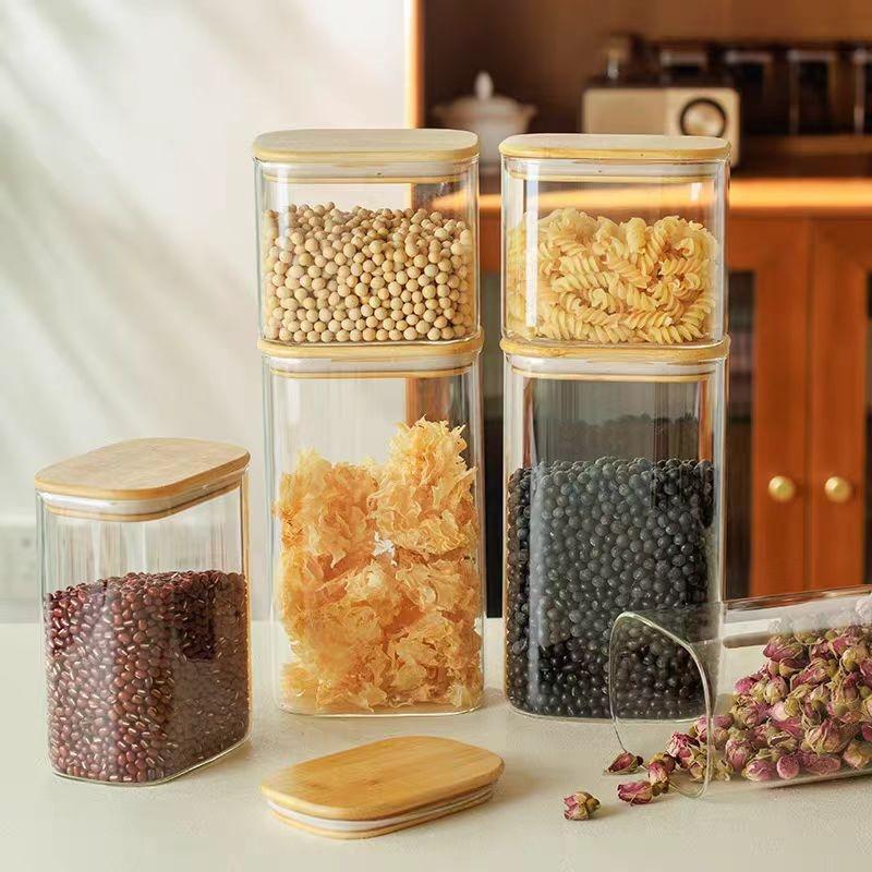 Clear Rectangle airtight glass container with bamboo lid