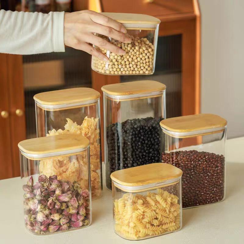 Clear Rectangle airtight glass container with bamboo lid