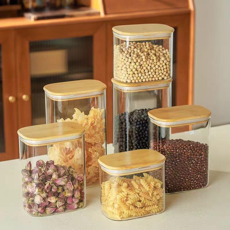 Clear Rectangle airtight glass container with bamboo lid