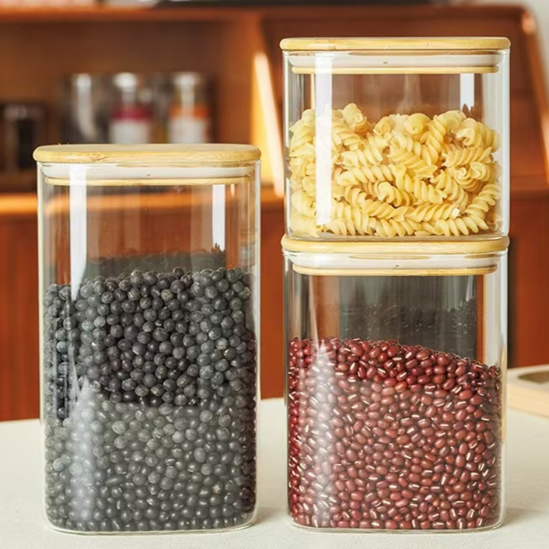 Clear Rectangle airtight glass container with bamboo lid