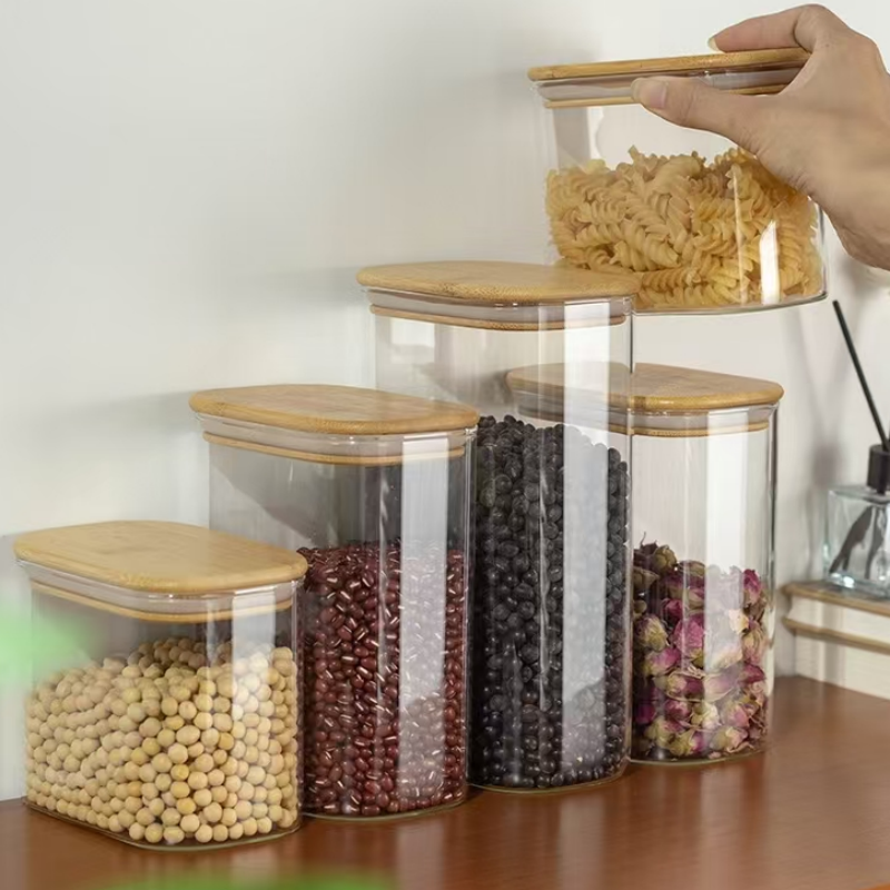 Clear Rectangle airtight glass container with bamboo lid