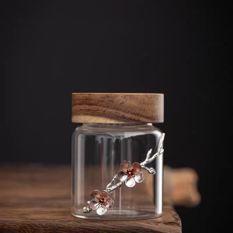 Clear sealed glass kitchen storage bottles with acacia lid