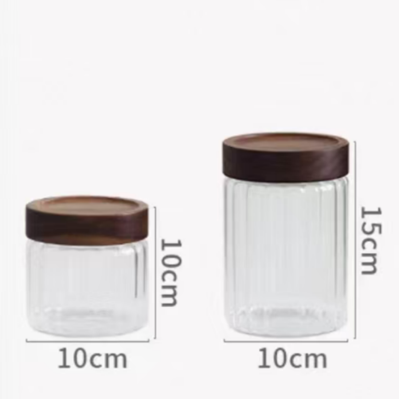 Large Inner striped glass canister with sealed acacia lid