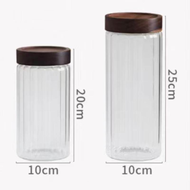 Large Inner striped glass canister with sealed acacia lid