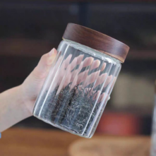 Large Inner striped glass canister with sealed acacia lid