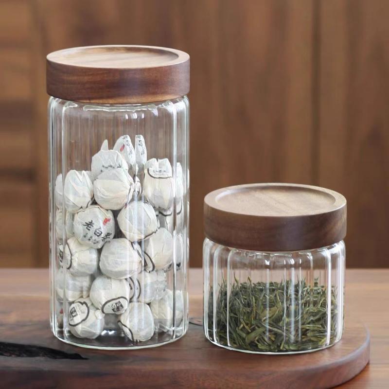 Large Inner striped glass canister with sealed acacia lid
