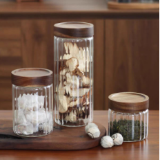 Large Inner striped glass canister with sealed acacia lid