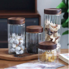 Large Inner striped glass canister with sealed acacia lid