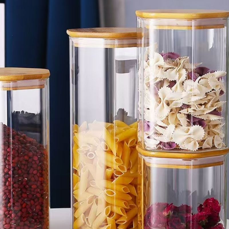 Large borosilicate wide mouth glass food storage jar bamboo lid