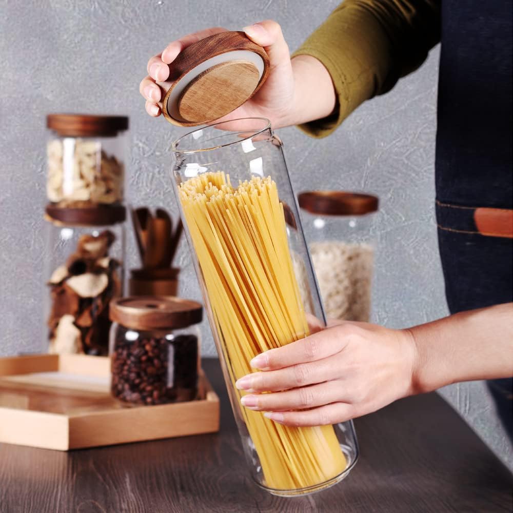 Cylinder Shaped Airtight Glass Spaghetti Jar Pasta Oat Storage Jars with Wooden Lid