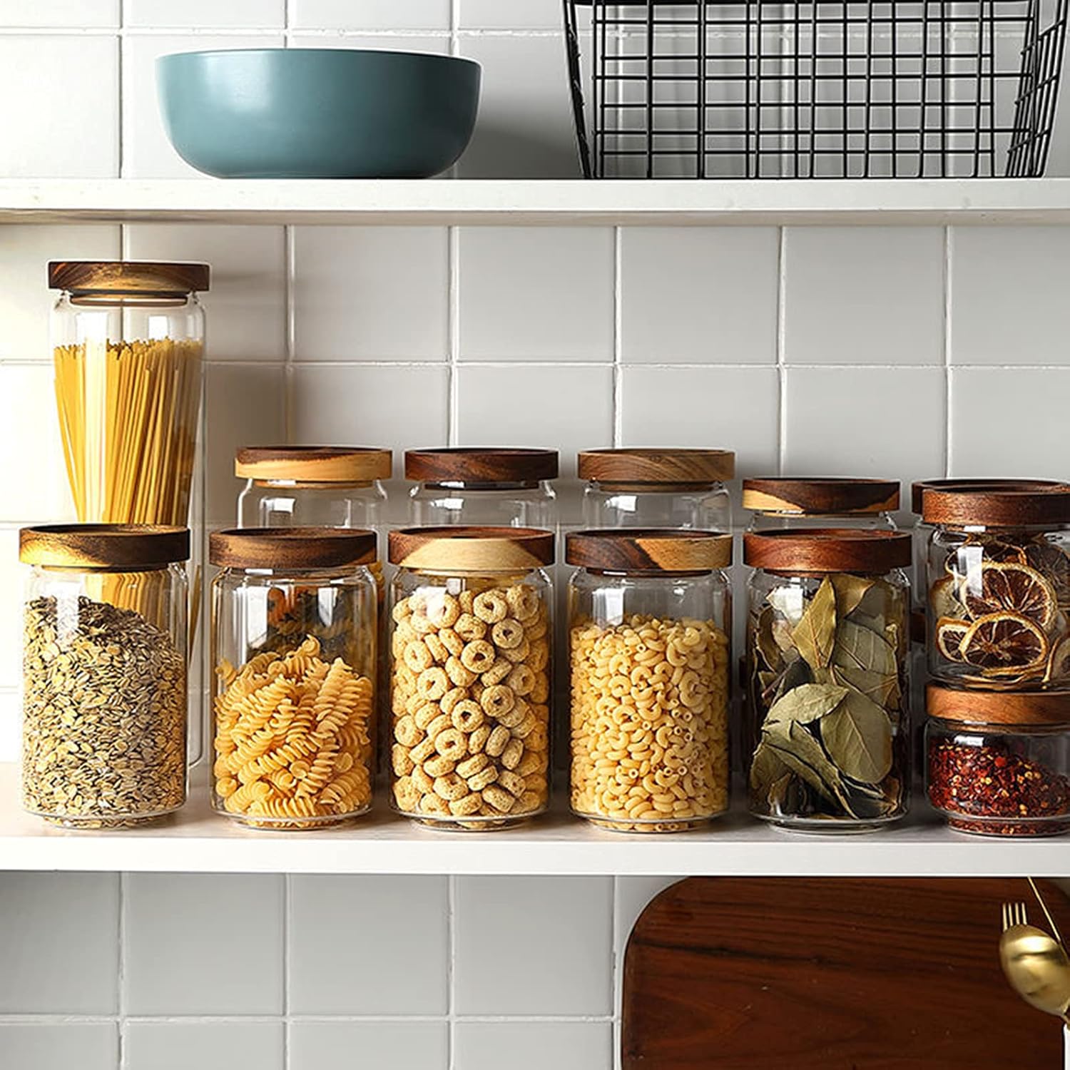 Cylinder Shaped Airtight Glass Spaghetti Jar Pasta Oat Storage Jars with Wooden Lid