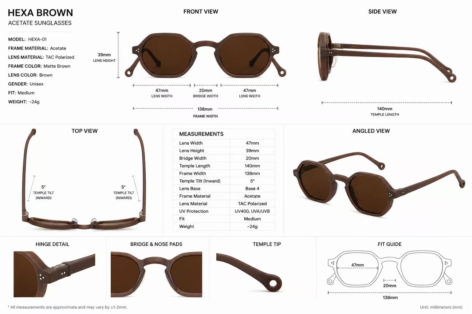 Hexagonal Sunglasses, Acetate Sunglasses, Polarized Sunglasses, Matte Brown Sunglasses, and Unisex Sunglasses