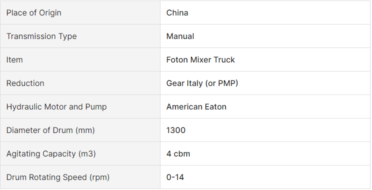 Foton 4m3 Loxa Concrete Mixer Light Truck