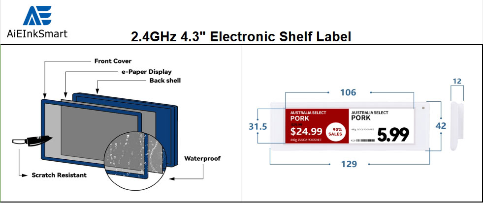 White Shell 4.3 Inch Electronic Shelf Label