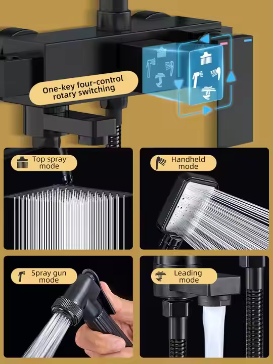 Black Square Double Head Thermostatic Rainfall Shower Set