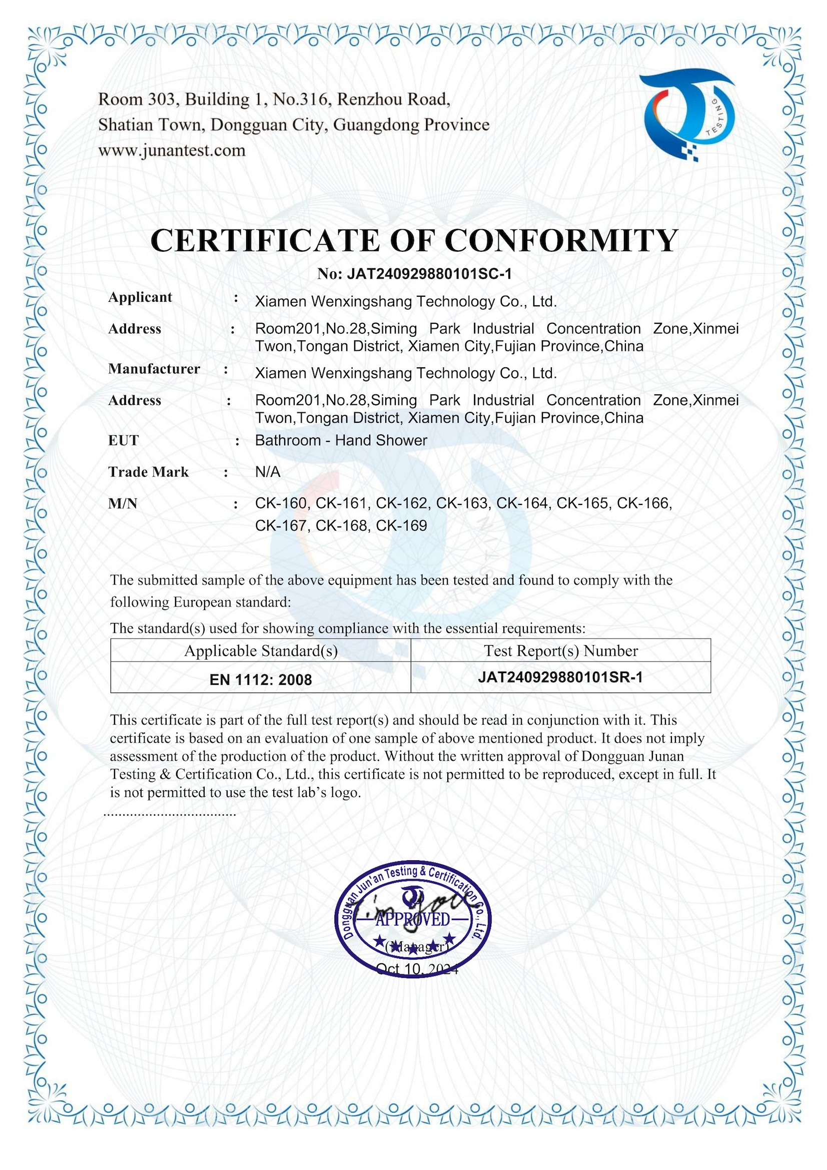 European CERTIFICATE OF CONFORMITY