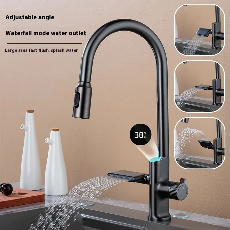 Digital Display Pull Out Waterfall Kitchen Faucet